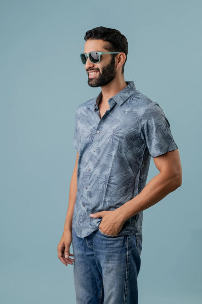 Grey Half Sleeve Leaf Printed Shirt For Men