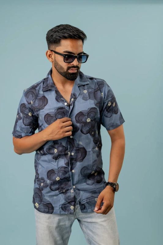 Linen Big Flower Printed Shirt For Men