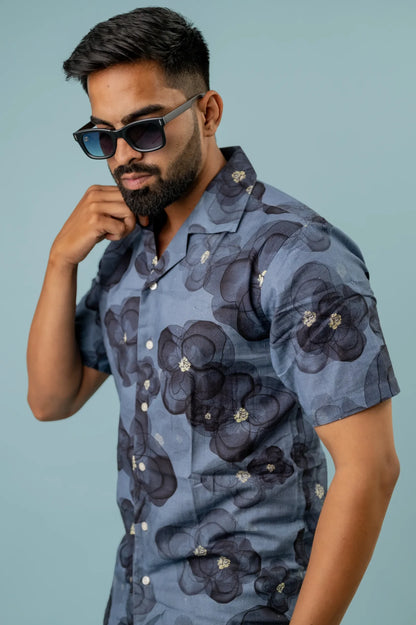 Linen Big Flower Printed Shirt For Men