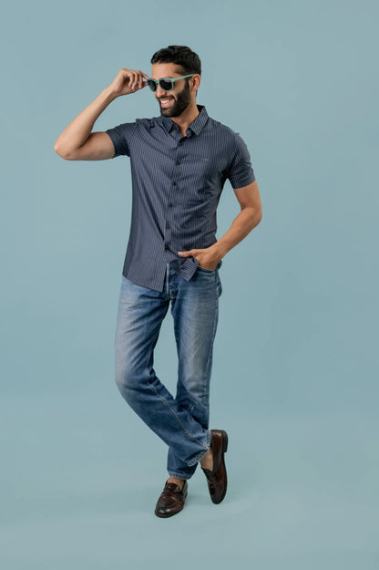 Casual Denim Striped Half Sleeve Shirt For Men