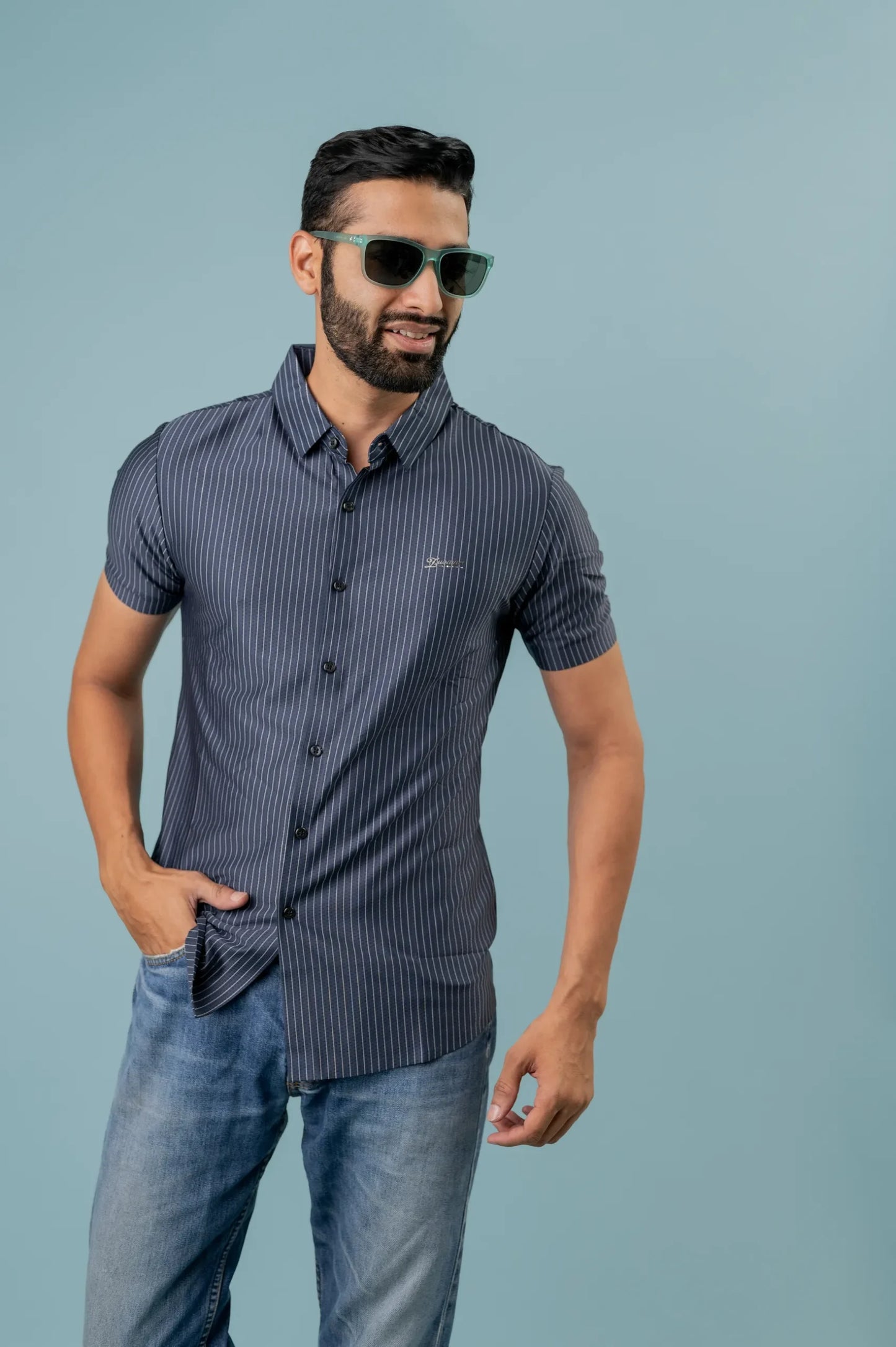 Casual Denim Striped Half Sleeve Shirt For Men