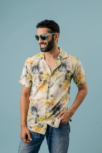 Linen Sunflower Printed Half Sleeve Shirt For Men