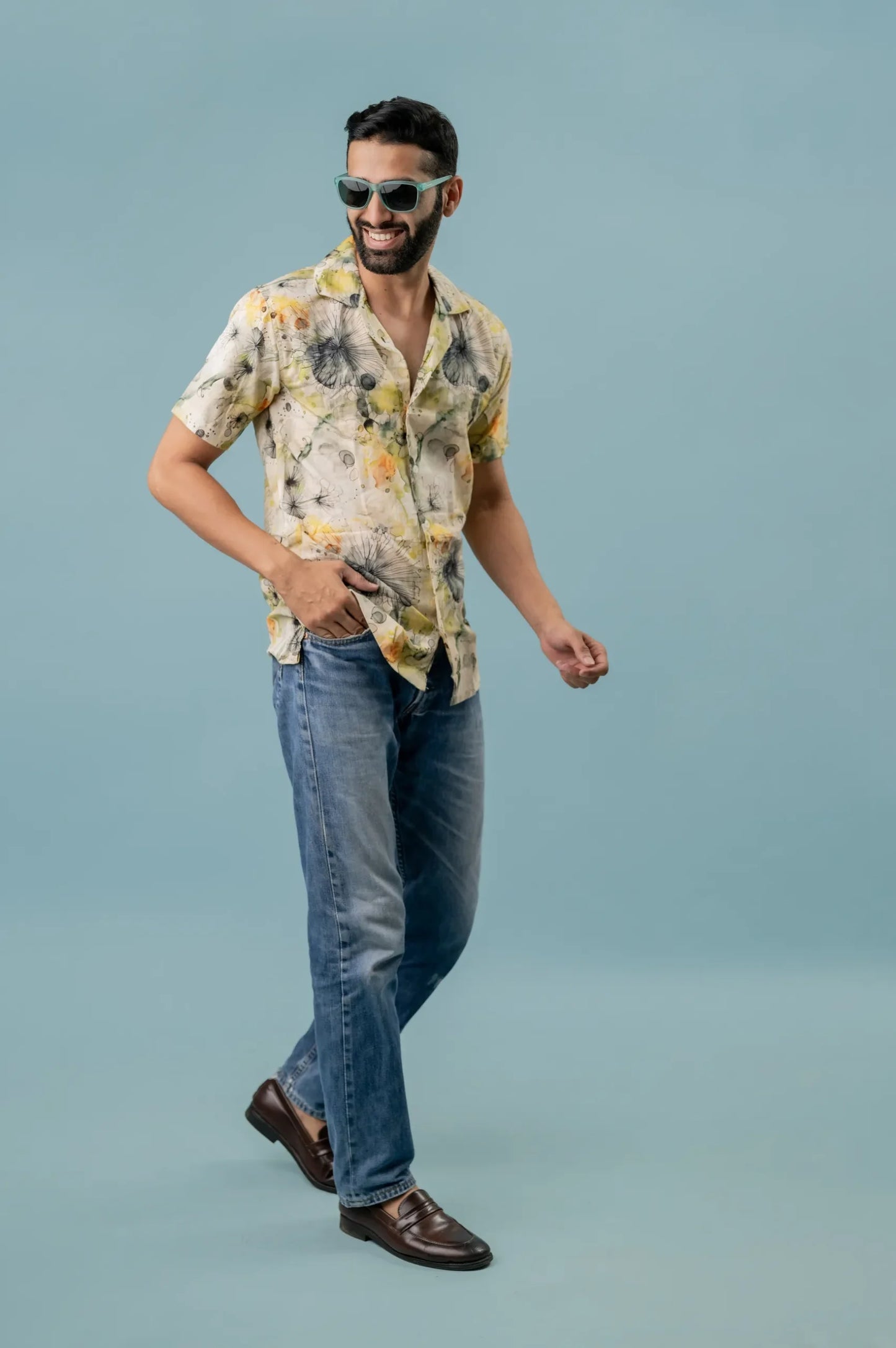 Linen Sunflower Printed Half Sleeve Shirt For Men