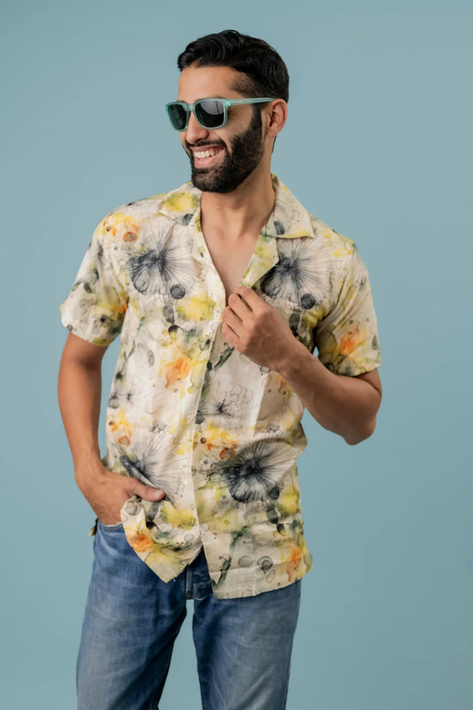 Linen Sunflower Printed Half Sleeve Shirt For Men
