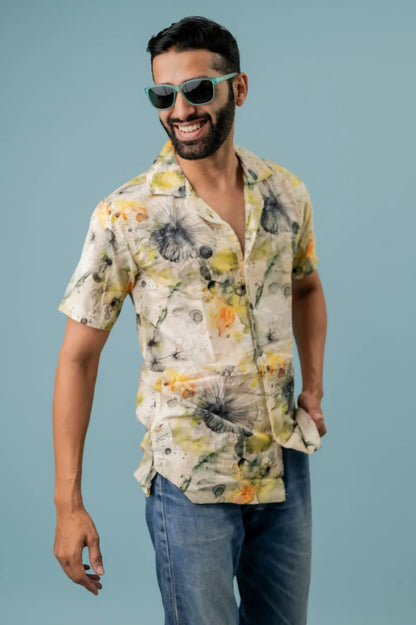 Linen Sunflower Printed Half Sleeve Shirt For Men