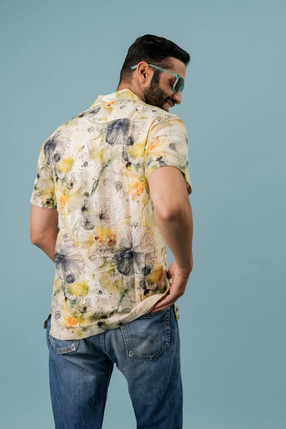 Linen Sunflower Printed Half Sleeve Shirt For Men
