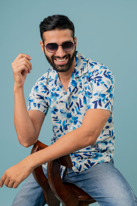 Linen Blue Leaf Printed Half Sleeve Shirt For Men