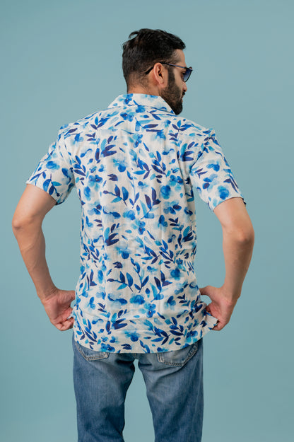Linen Blue Leaf Printed Half Sleeve Shirt For Men
