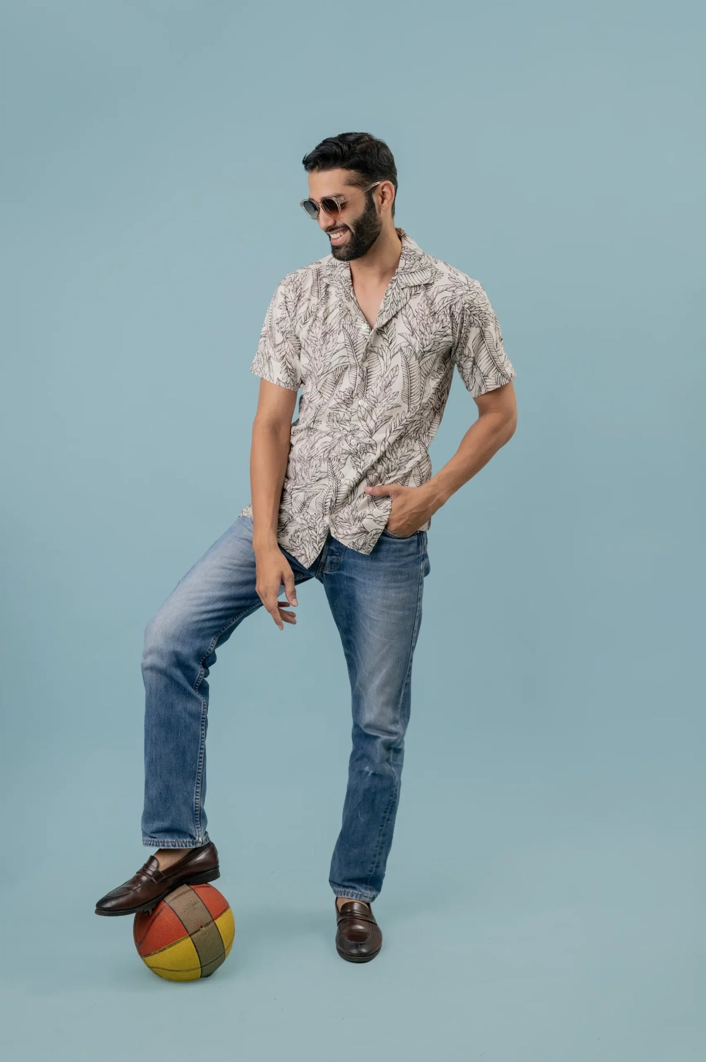 Linen Long Leaf Printed Half Sleeve Shirt For Men