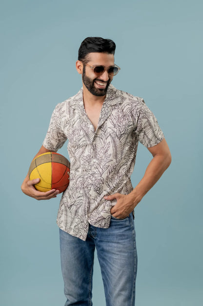 Linen Long Leaf Printed Half Sleeve Shirt For Men