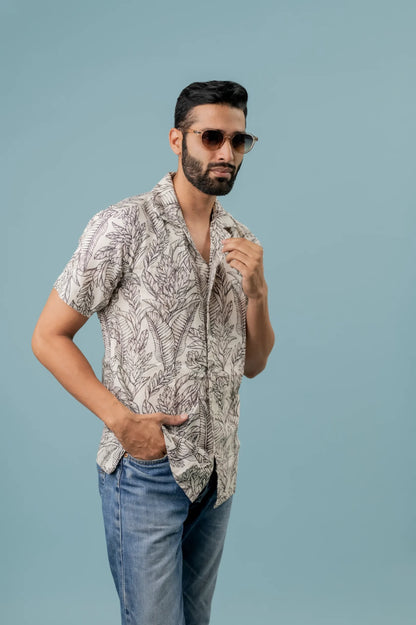 Linen Long Leaf Printed Half Sleeve Shirt For Men