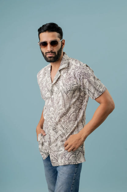 Linen Long Leaf Printed Half Sleeve Shirt For Men