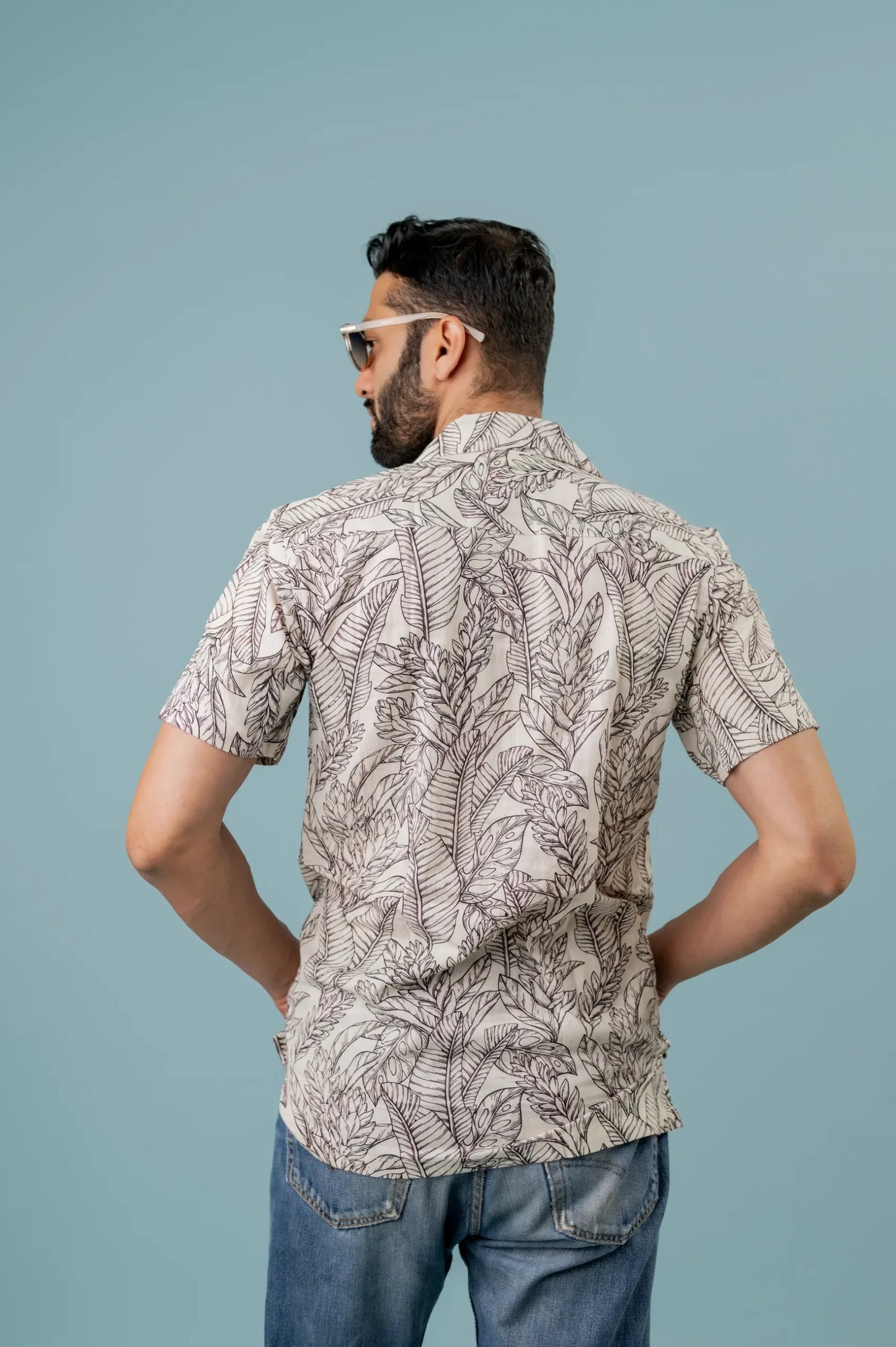 Linen Long Leaf Printed Half Sleeve Shirt For Men